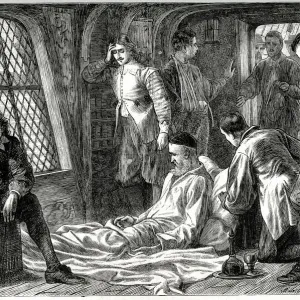 Death of Admiral Robert Blake from old wounds, on board ship, within sight of Plymouth Death of Admiral Robert Blake from old wounds, on board ship, within sight of Plymouth