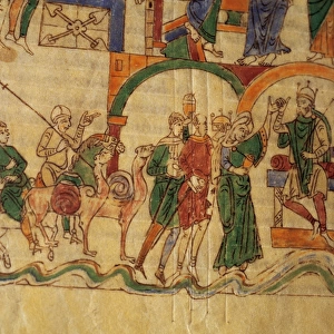 Delivery of gifts to a king. Detail of a miniature of the Bi
