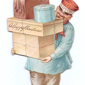 Delivery man with parcels on a Victorian Christmas card