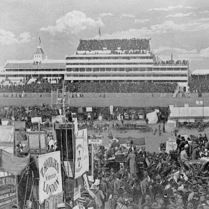 Derby Day at Epsom with grandstand, 1895