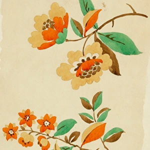 Design for printed textile with orange flowers