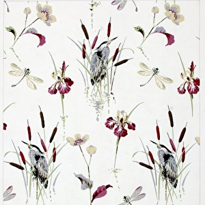 Design for textile with flowers, birds and insects