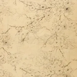 Design for Textile or Wallpaper with bird and flowers