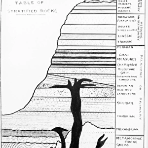 Diagram showing a cross section and table of stratified rock