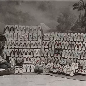 Display of wooden clogs shoes, studio scene of shop