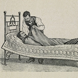 Doctor seeing a patient. Bed treatment. Engraving