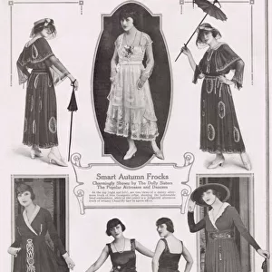The Dolly Sisters display smart Autumn frocks, c. 1915 Date: circa 1915