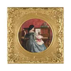 Domestic interior with a mother and child seated at a piano