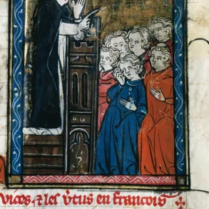 Dominican friar preaching. Miniature. Doctrine Chretienne. 1