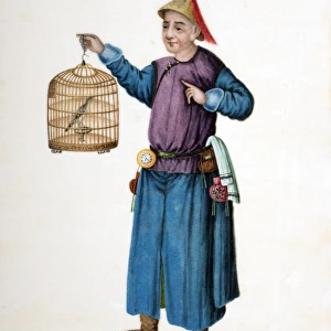 Drawing of Chinese man with caged songbird