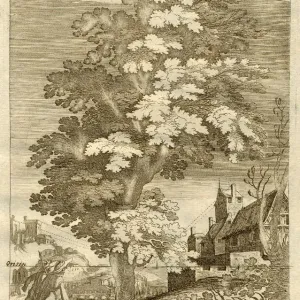 Drawing of tree and two men with buildings on hills Date: 1751