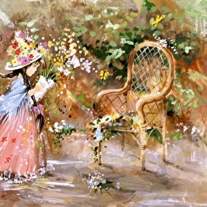 Dreamlike painting of a flowergirl and whicker chair