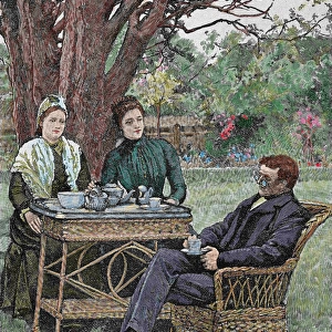Drinking coffee in the garden. Colored engraving, 1876