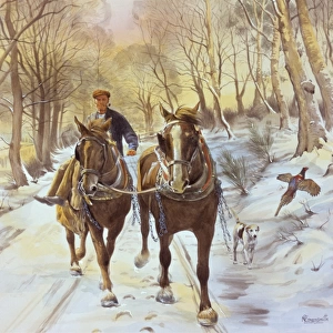 Driving two horses down a snowy lane