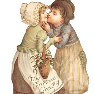 Dutch girl and boy kissing on a cutout Christmas card