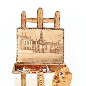 Easel, painting and artists palette on a greetings card