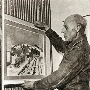 Edward Bawden hanging his painting of Waltham Cross