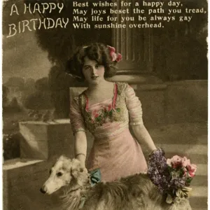 Edwardian woman with her borzois, on a birthday postcard