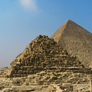 Egypt. Henutsens pyramid at Giza with the Pyramid of Khufu