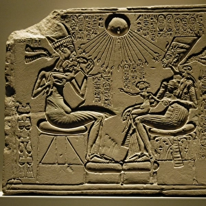 Egyptian art. Relief depicting Akhenaten, Nefertiti and thre