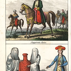 Egyptian riders wearing turbans, women and girl in burqa