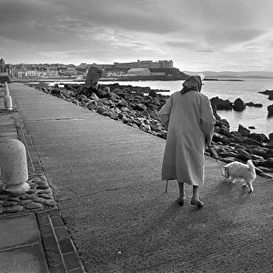 An elderly lady with white dog Portstewart, Northern Ireland