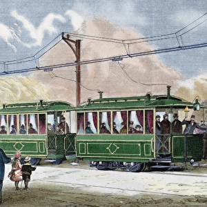 Electric streetcar. Nineteenth-century colored engraving