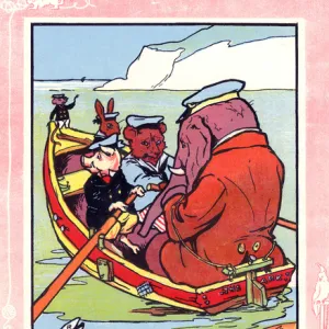 Elephant, bear, pig, rabbit and mouse in a boat