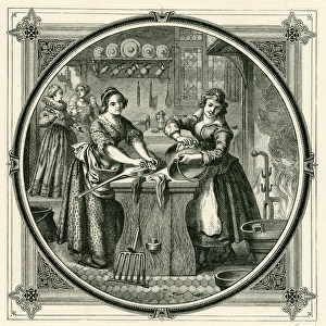 Elizabethan servants polishing saucepans