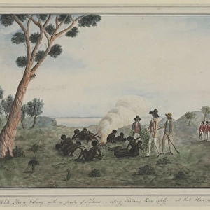 An encounter between British colonists and Australian Aborig