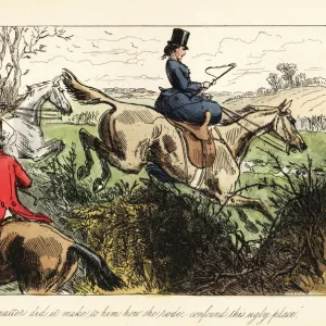 English huntswoman jumping sidesaddle over a fence