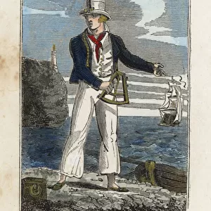 English mariner with sextant on a beach in