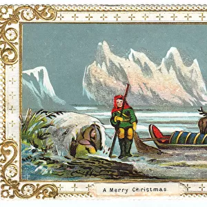 Eskimos in the snow on a Christmas card
