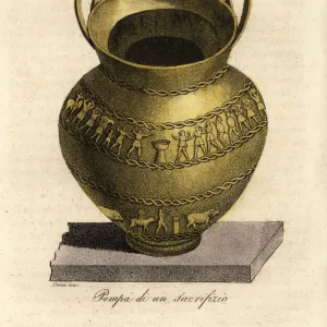 Etruscan sacrificial rites depicted on a gilded silver vase