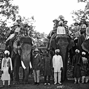 Europeans on elephants, India