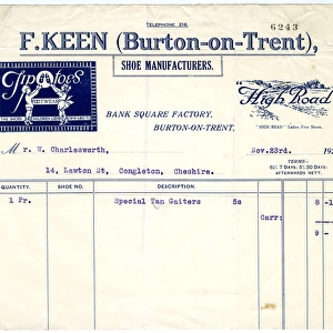 F Keen (Burton-on-Trent) Shoe Manufacturers stationery
