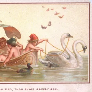 Fairies in a boat drawn by swans on a greetings card