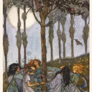 Fairies dancing in a circle beneath the trees