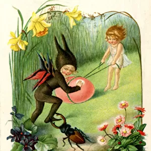 Fairy and child with Easter egg and stag beetle