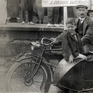Family of five on a 1917 / 18 Indian motorcycle & sidecar