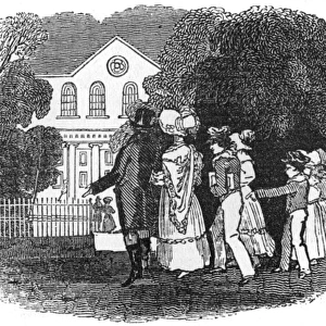 Family in formal wear going to church, c. 1800