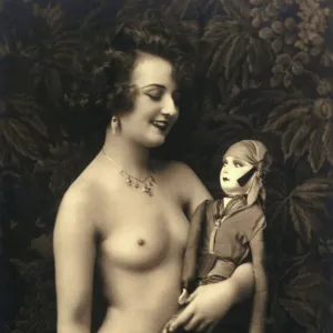 Fantasy French postcard - Nude woman and doll