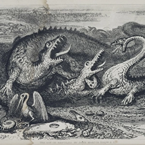 A fantasy illustration of pre-historic reptiles