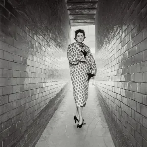 Striped Coat Print: Woman in Alleyway Striped Coat Print: Woman in Alleyway