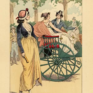 Fashionable couple driving in a whiskey carriage, 1797
