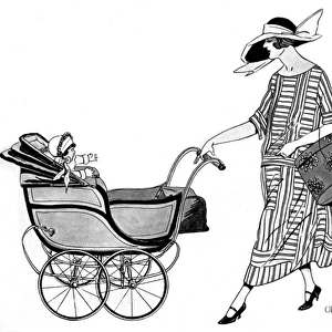 Fashionable lady pushing her child in a fine pram