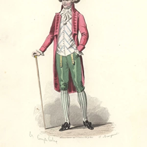 Fashionable man in pink coat, green breeches