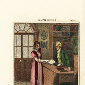 Fashionable Regency woman at a booksellers in Bath