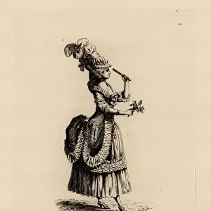 Fashionable woman with rose and fan, era of Marie Antoinette