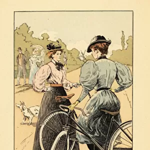 Fashionable women riding bicycles in a park, 1896